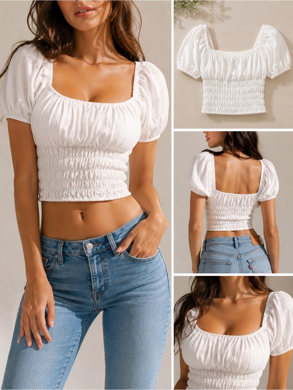 NEW Elodie Nordstrom White Smocked Square Neck Blouse Top Shirred Off-Shoulder M